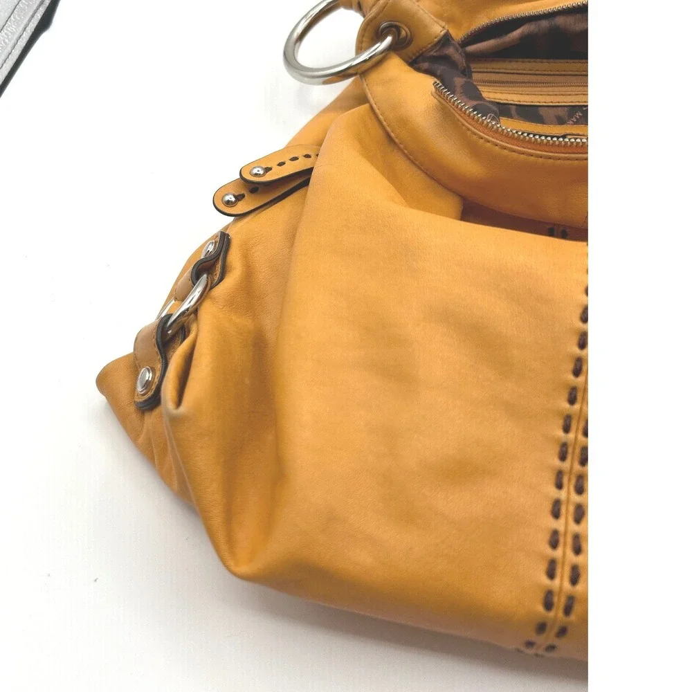 B. Makowsky Hobo Bag Women Large Mustard Yellow Leather Whipstitch Ring Handle